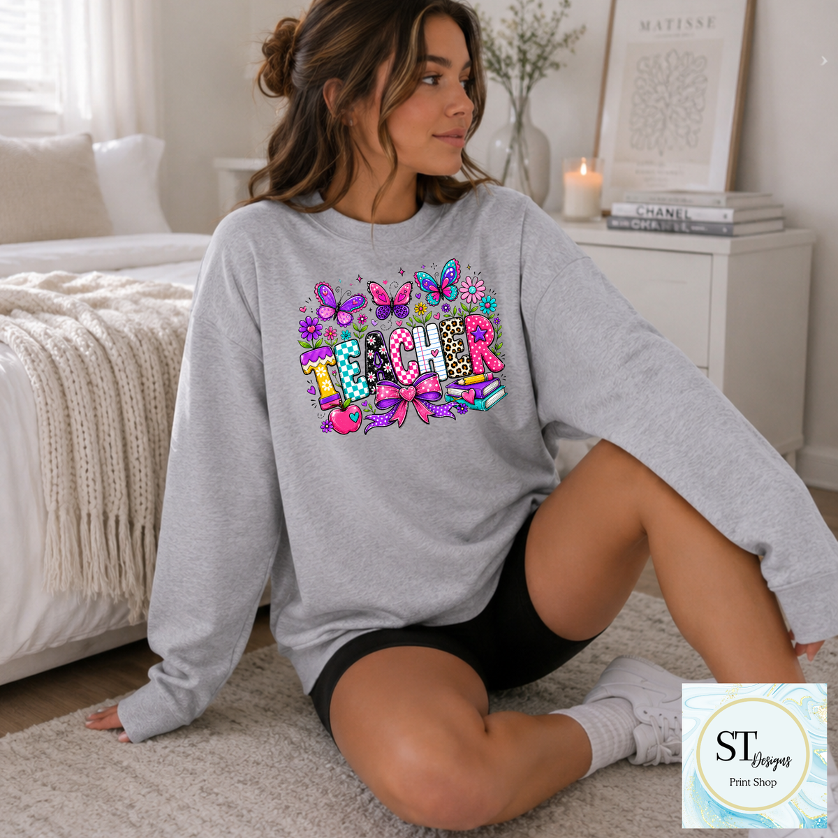 Colorful Butterfly Teacher Crewneck Sweatshirt | Cute Butterfly Floral Teacher Sweatshirt | Teacher Appreciation Gift | Back to School | Unisex S-5XL-1