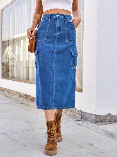 Slit Midi Denim Skirt with Pockets for Stylish Comfort-0