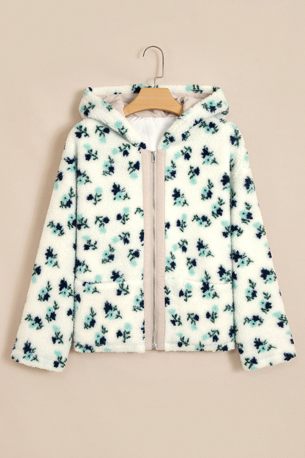 Floral Sherpa Fleece Zip-Up Hooded Jacket